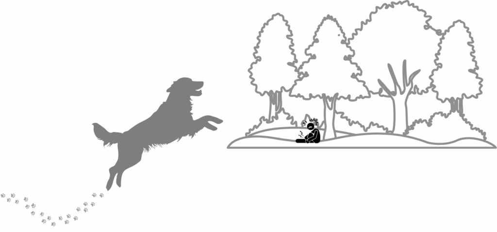 Ein stilisiertes, schwarz-weißes Bild zeigt eine Szene in der Natur. Links im Bild springt ein großer Hund mit zotteligem Fell, ein Golden Retriever,  freudig in die Luft. Seine Silhouette ist deutlich erkennbar, und hinter ihm sind Pfotenabdrücke zu sehen, die andeuten, dass er gerade angerannt kam.

Rechts im Bild befindet sich eine kleine Waldlandschaft mit mehreren Bäumen. Unter den Bäumen sitzt ein Mensch mit schmerzverzerrtem Gesicht an einen Baum gelehnt. Der Mensch hält sein Bein. Die Szene wirkt verspielt – als würde der Hund aufgeregt zum Menschen laufen, während dieser ganz schmerzverzerrt sein Bein hält.

Das Bild ist einfach gehalten, ohne Farben oder Hintergrunddetails, und nutzt klare Linien und Kontraste.