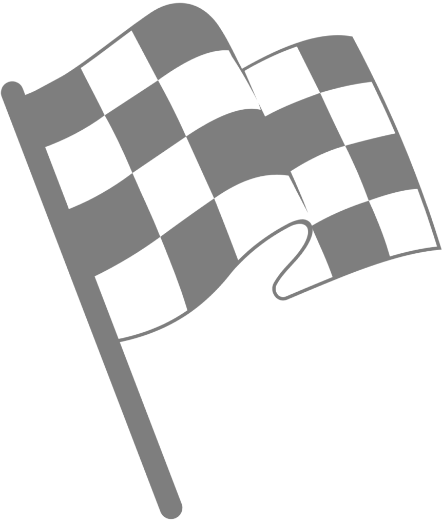 Das Bild zeigt eine stilisierte Zielflagge in schwarz-weißer Linienzeichnung auf weißem Hintergrund. Die Flagge ist an einem langen, schräg stehenden Stab befestigt und zeigt ein klassisches Schachbrettmuster aus abwechselnd schwarzen und weißen Feldern. Die Flagge ist leicht gebogen, als würde sie im Wind wehen.
Die Gestaltung symbolisiert das Erreichen eines Ziels.
