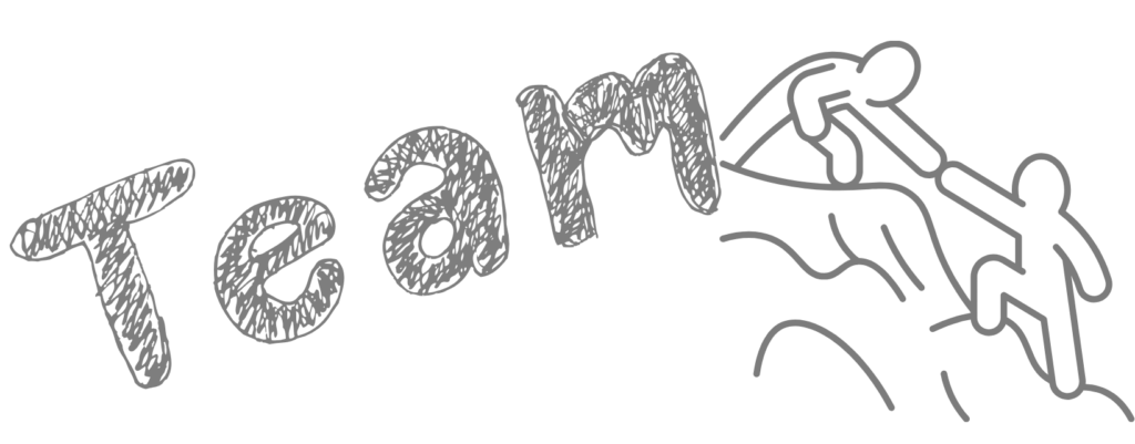 Das Bild zeigt eine stilisierte, graue Linienzeichnung auf weißem Hintergrund. Links steht das Wort „Team“ in großer, handschriftlich wirkender Schrift mit schraffierter Füllung – die Buchstaben wirken lebendig und leicht geneigt.

Rechts daneben ist eine Szene dargestellt, in der drei stilisierte Figuren gemeinsam einen Berg erklimmen. Eine Figur steht oben auf dem Gipfel und reicht der zweiten Figur die Hand, um sie hochzuziehen. Die dritte Figur klettert gerade hinterher. Die Körperhaltung aller Figuren zeigt Zusammenarbeit, Unterstützung und Vertrauen.

Die Gesamtwirkung des Bildes ist motivierend und gemeinschaftlich – es symbolisiert Teamgeist, gegenseitige Hilfe und das gemeinsame Erreichen von Zielen.