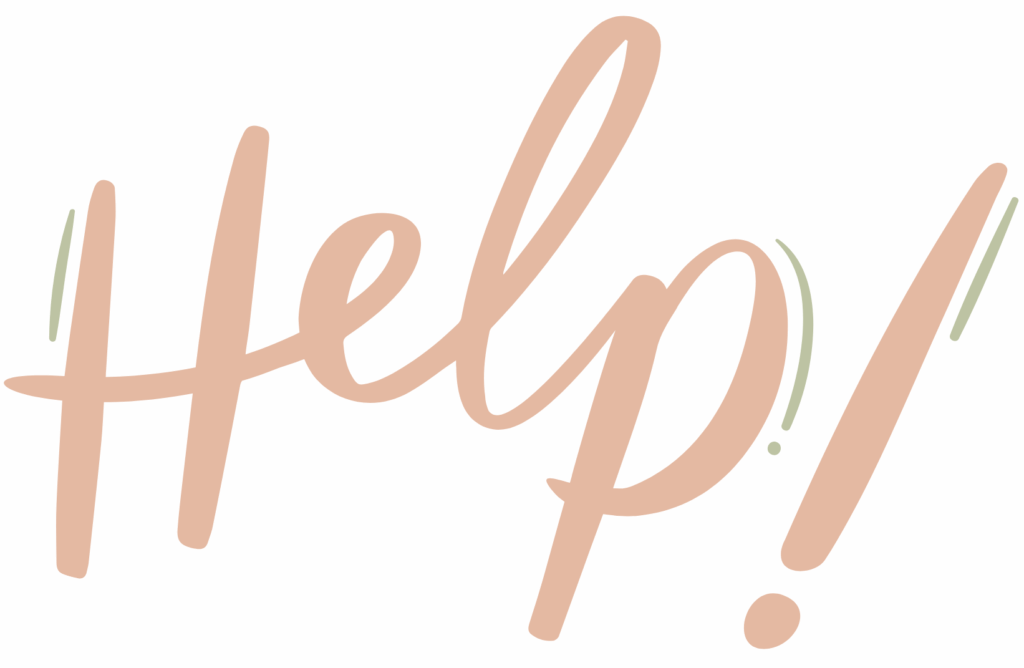 Das Bild zeigt das Wort „Help!“ in großer, schwungvoller, hellbrauner Schrift auf weißem Hintergrund. Die Buchstaben sind leicht geneigt und wirken handgeschrieben. Um das Wort herum sind mehrere kurze, grüne Linien gezeichnet, die Bewegung oder einen Ausruf symbolisieren. Die Gestaltung vermittelt Dringlichkeit und den Wunsch nach Unterstützung.