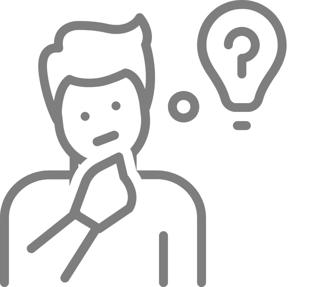 Das Bild zeigt eine stilisierte, graue Linienzeichnung auf weißem Hintergrund. Eine männliche Person ist von vorne dargestellt, mit leicht geneigtem Kopf und einer Hand am Kinn – eine klassische Geste des Nachdenkens. Der Gesichtsausdruck wirkt konzentriert.
Rechts über dem Kopf der Person befindet sich eine große Glühbirne mit einem Fragezeichen in der Mitte. Daneben ist ein kleiner Kreis  –  als grafische Elemente zur Verstärkung des Denkprozesses.
Die Gestaltung vermittelt Grübeln, Fragestellung oder die Suche nach einer Lösung.
