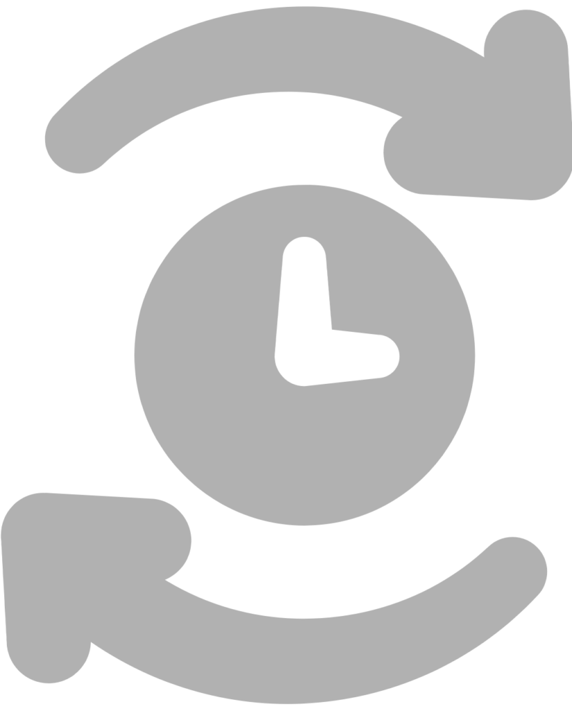 Das Bild zeigt eine stilisierte, graue Linienzeichnung auf weißem Hintergrund. In der Mitte befindet sich eine runde Uhr mit einem kurzen und einem langen Zeiger, die auf eine bestimmte Uhrzeit zeigen, hier 3 Uhr. Die Uhr ist schlicht und ohne Zahlen dargestellt.
Um die Uhr verlaufen zwei große, gebogene Pfeile – einer oben und einer unten. Sie bilden gemeinsam einen Kreis und symbolisieren Bewegung oder Wiederholung.
Die Gestaltung vermittelt den Ablauf von Zeit, zyklische Prozesse oder kontinuierliche Aktivität.
