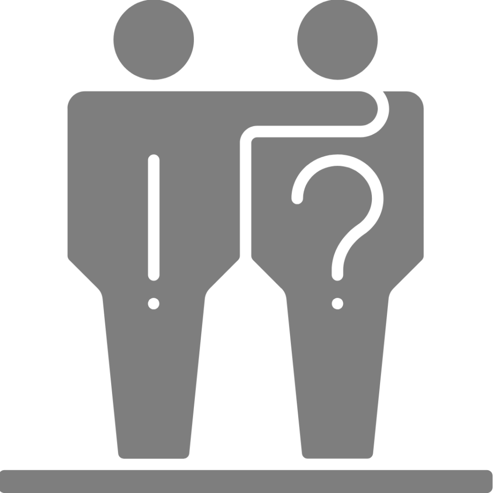 Das Bild zeigt eine stilisierte graue Linienzeichnung auf weißem Hintergrund. Links steht eine Figur mit geradem Körper und einem Ausrufezeichen auf dem Rücken. Sie hat den Arm nach rechts ausgestreckt und legt ihn unterstützend auf den Rücken der nebenstehenden Figur. Rechts daneben befindet sich eine Person mit einem Fragezeichen auf dem Rücken. 
Die Darstellung vermittelt Fürsorge, Orientierung und Begleitung.
