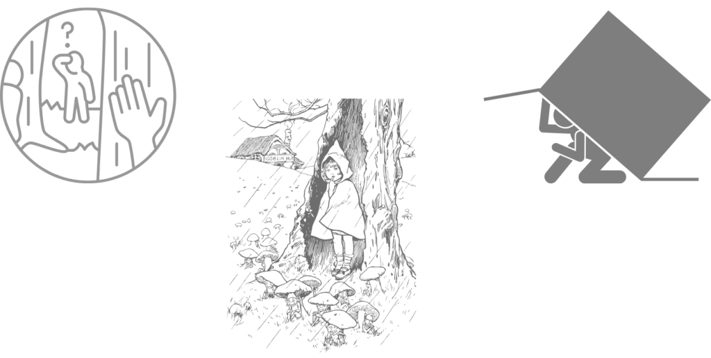 Das Bild besteht aus drei stilisierten, schwarz-weißen Zeichnungen nebeneinander:
1.	Links: In einem runden Rahmen ist eine Szene dargestellt, in der eine Hand gegen einen Baum lehnt. Dahinter steht eine Person mit gesenktem Kopf und einem Fragezeichen über dem Kopf – sie wirkt hilflos.
2.	Mitte: Ein Kind steht im Regen unter einem großen Baum. Es trägt einen Mantel mit Kapuze und blickt traurig. Um das Kind herum wachsen viele Pilze. Im Hintergrund ist ein Haus zu sehen, das durch den Regen leicht verschwommen wirkt.
3.	Rechts: Eine stilisierte Figur sitzt unter einem großen Pappkarton. Die Person hat die Knie angezogen und versteckt sich unter dem Karton.
Die drei Szenen vermitteln Gefühle von Einsamkeit, Schutzbedürfnis und Hilferuf.
