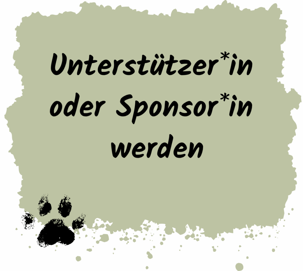 Das Bild zeigt eine grafische Fläche in einem gedeckten, olivgrünen Farbton mit unregelmäßigem Rand – sie wirkt wie ein gesprenkelter Farbklecks auf weißem Hintergrund. In der Mitte steht in großer, schwarzer, handschriftlich wirkender Schrift: „Unterstützerin oder Sponsorin werden“**

Unten links befindet sich ein schwarzer Hundepfotenabdruck, daneben sind mehrere kleine Farbspritzer in Grün verteilt. Die Gestaltung vermittelt Engagement, Tiernähe und eine Einladung zur finanziellen oder ideellen Unterstützung.