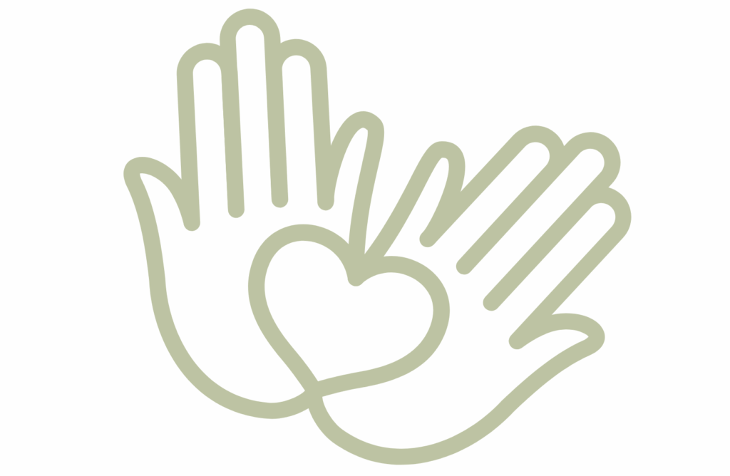 Das Bild zeigt eine stilisierte Linienzeichnung in hellgrün auf weißem Hintergrund. Zwei offene Hände sind nebeneinander dargestellt, die Handflächen zeigen nach vorne. Zwischen den Händen ist ein großes Herz gezeichnet, das sich mit den Handlinien überlappt. Die Gestaltung wirkt freundlich und symbolisiert Fürsorge, Mitgefühl und Unterstützung.