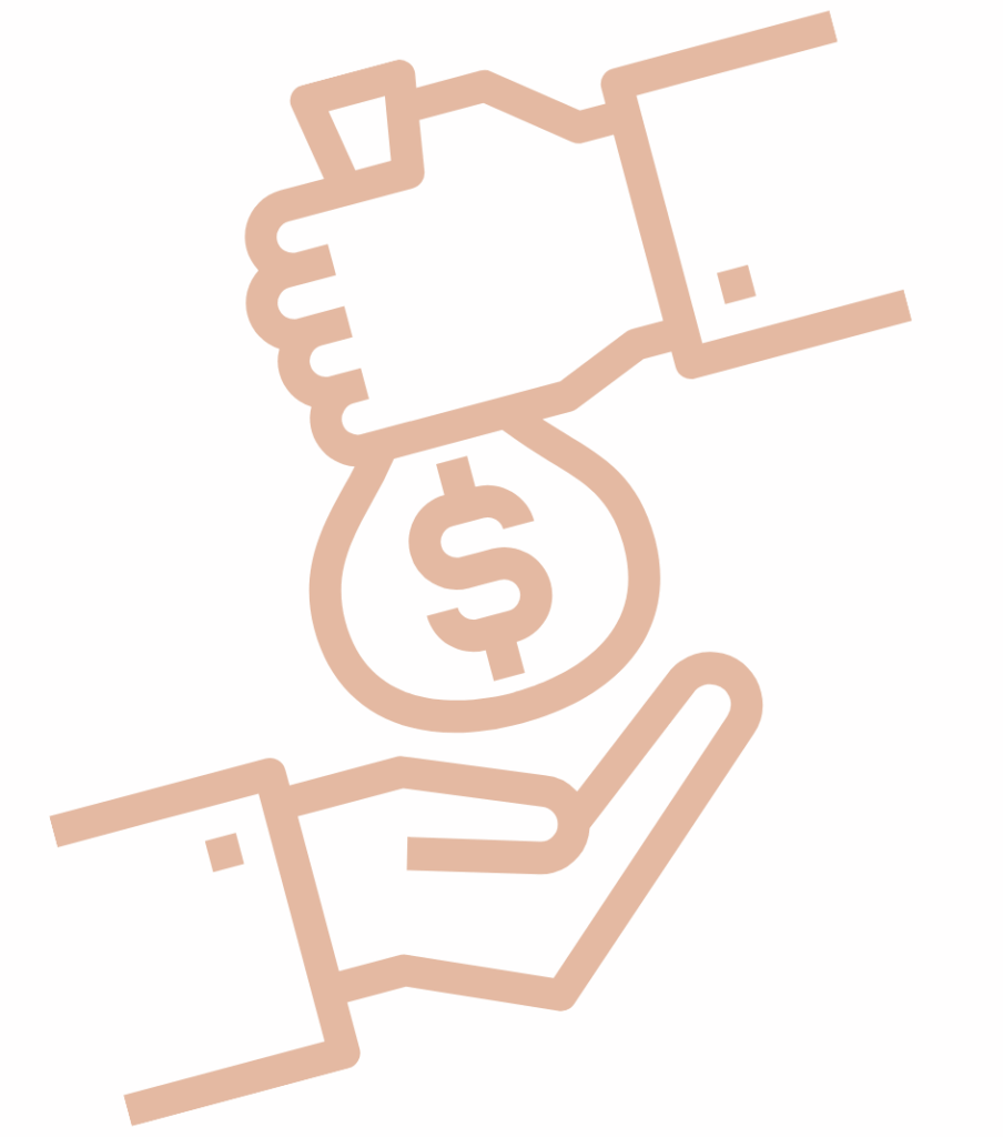 „Illustration einer Geldübergabe: Eine Hand übergibt von oben ein Bündel mit Euro-Zeichen an eine offene Hand darunter. Die reduzierte Linienzeichnung in Orange-Beige auf weißem Hintergrund vermittelt das Thema finanzielle Unterstützung oder Auszahlung.“