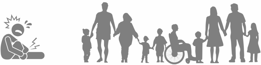 Das Bild zeigt zwei Szenen nebeneinander in grauer Silhouettenzeichnung auf weißem Hintergrund.
Links: Eine einzelne Person sitzt am Boden und hält sich schmerzhaft den Fuß. Um den Kopf sind gezackte Linien gezeichnet, die Schmerzen symbolisieren.
Rechts: Eine Gruppe von zehn Personen steht nebeneinander und hält sich an den Händen. Die Gruppe besteht aus Erwachsenen, Kindern und einer Person im Rollstuhl. Die Körperhaltungen wirken ruhig und unterstützend.
Die Gesamtgestaltung vermittelt Fürsorge, Gemeinschaft und Inklusion. 
