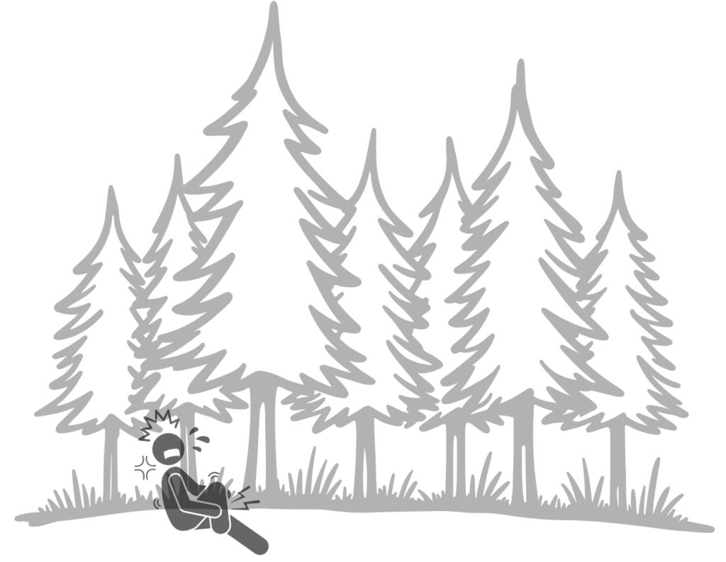 Das Bild zeigt eine stilisierte Waldszene in grauer Linienzeichnung auf weißem Hintergrund. Mehrere große Tannen stehen dicht nebeneinander, darunter wächst hohes Gras.

Am unteren linken Bildrand sitzt eine einzelne Person am Boden, angelehnt an einen Baum. Die Figur hält sich das Bein und zeigt deutliche Zeichen von Schmerz: Um den Kopf sind gezackte Linien und Ausrufezeichen gezeichnet. Die Körperhaltung ist zusammengesunken und angespannt.

Die Gestaltung vermittelt eine Notfallsituation in der Natur. 