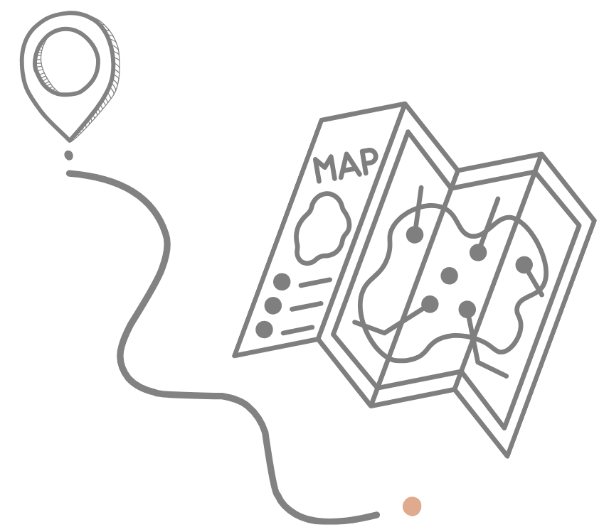Das Bild zeigt eine stilisierte Grafik auf weißem Hintergrund. Rechts ist eine aufgeklappte Landkarte zu sehen, auf der mehrere Punkte durch Linien verbunden sind. Die Karte trägt die Aufschrift „MAP“ und zeigt ein schematisches Gelände mit Wegen und Stationen.
Links vom Bild verläuft eine geschwungene, graue Linie, die einen Weg darstellt. Sie beginnt bei einer gezeichneten Stecknadel (Symbol für Startpunkt) und endet unten rechts bei einem kleinen, orangefarbenen Punkt (Symbol für Ziel).
Die Gestaltung vermittelt Orientierung, Planung und Zielstrebigkeit.
