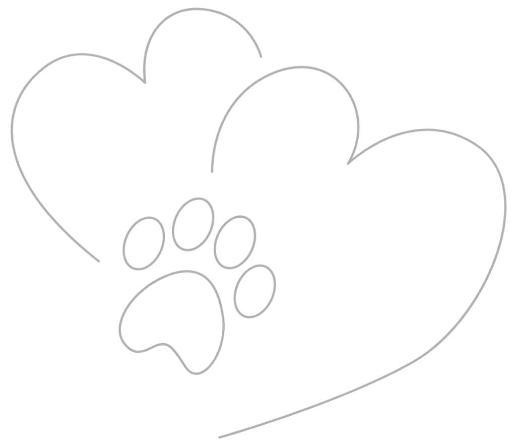 Das Bild zeigt eine einfache, stilisierte Grafik in hellgrauer Linienzeichnung auf weißem Hintergrund. Es besteht aus zwei Elementen:

    Links oben ist ein großes Herz gezeichnet, das leicht geneigt ist und mit einer offenen Linie dargestellt wird.

    In das Herz hinein ist eine Pfote integriert: Vier kleine ovale Zehen und ein größerer Ballen formen eine typische Hundepfote.

Das Bild zeigt eine einfache, stilisierte Grafik in hellgrauer Linienzeichnung auf weißem Hintergrund. Es besteht aus drei Elementen:
•	Links oben ist die Oberseite eines großes Herz gezeichnet, das leicht geneigt ist und nach unten abgeschnitten ist von einem
•	Nach rechts geneigtem Herz, welches mit einer offenen Linie dargestellt wird.
•	In das Herz hinein ist eine Pfote integriert: Vier kleine ovale Zehen und ein größerer Ballen formen eine typische Hundepfote.
Die Grafik vermittelt eine emotionale Botschaft – Liebe und Verbundenheit zum Hund. Sie wirkt ruhig, freundlich.
