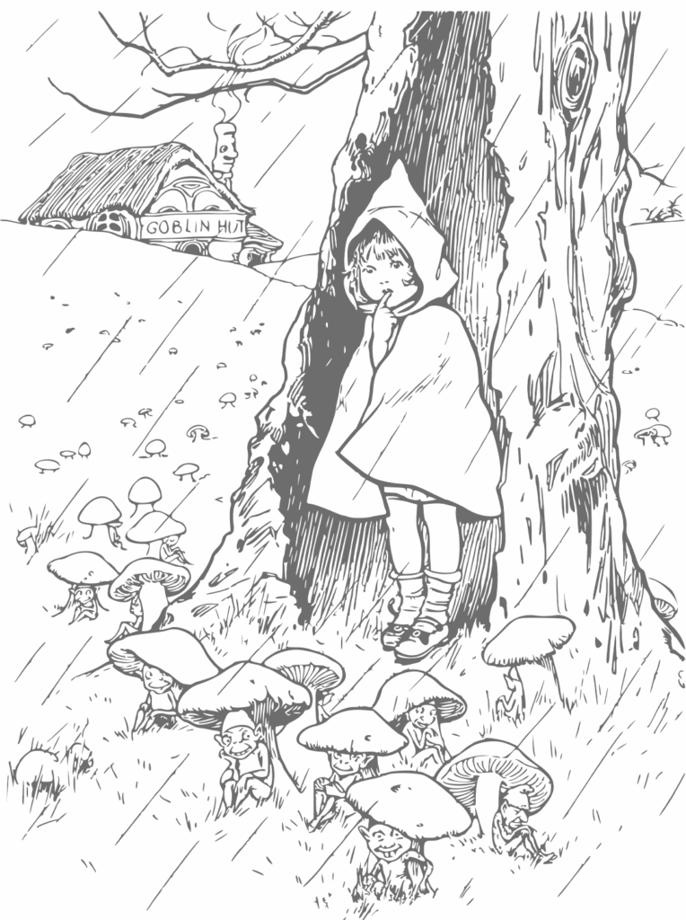 Das Bild besteht aus einer stilisierten, schwarz-weißen Zeichnung. Ein Kind steht im Regen unter einem großen Baum. Es trägt einen Mantel mit Kapuze und blickt traurig. Um das Kind herum wachsen viele Pilze. Im Hintergrund ist ein Haus zu sehen, das durch den Regen leicht verschwommen wirkt.