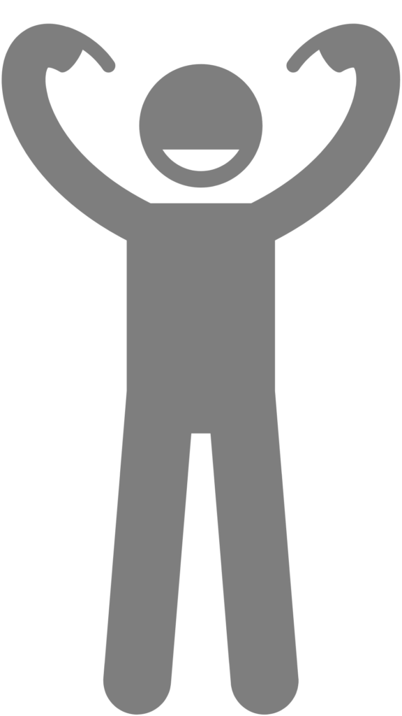 Das Bild zeigt eine stilisierte, graue Strichfigur auf weißem Hintergrund. Die Figur steht aufrecht und hat beide Arme nach oben gestreckt, die Hände sind geöffnet die Zeigefinger zeigen auf sich selbst. Der Kopf zeigt ein breites Lächeln. Die Körperhaltung und der Gesichtsausdruck vermitteln Freude und Begeisterung.